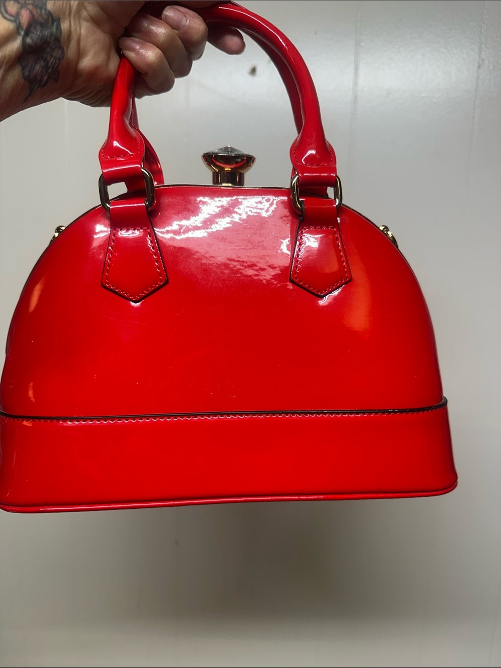 Red Patent Dome Satchel Handbag - Picture 3 of 13
